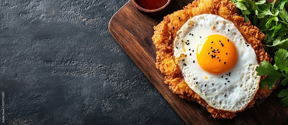 Poster crispy fried chicken topped with sunny side up egg and soy sauce on dark slate background with fresh