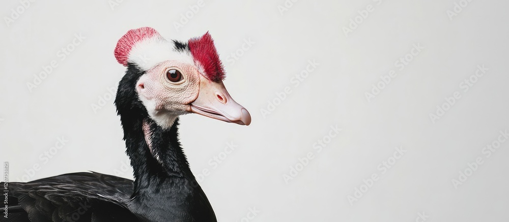 Poster muscovy duck profile in crisp white background showcasing unique red and black feather details ideal