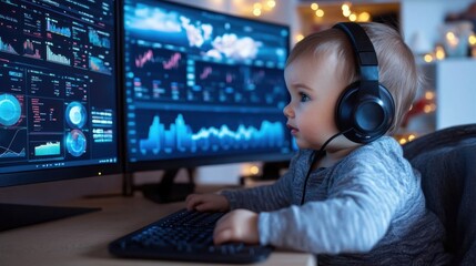 Curious Child Engaged with Computer and Data Visualizations
