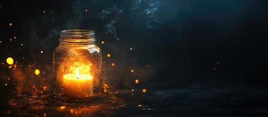Candle in glass jar illuminating a dark setting with sparks and smoke, featuring empty space on the right for text.