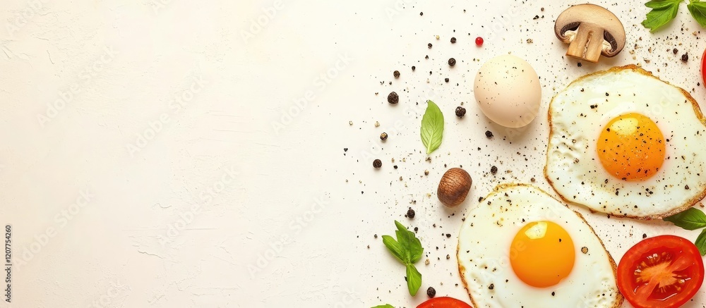 Poster fried eggs topped with fresh mushrooms and juicy tomatoes on rustic table with seasonings and empty 