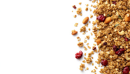 Homemade granola with nuts and seeds on baking sheet with ingredients. Granola for healthy breakfast on white, top view, copy space