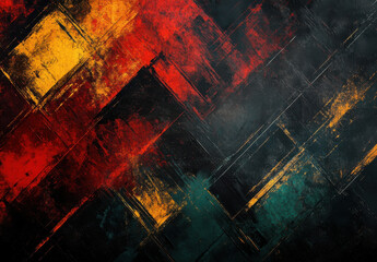 Vibrant abstract painting with red, yellow, and green colors