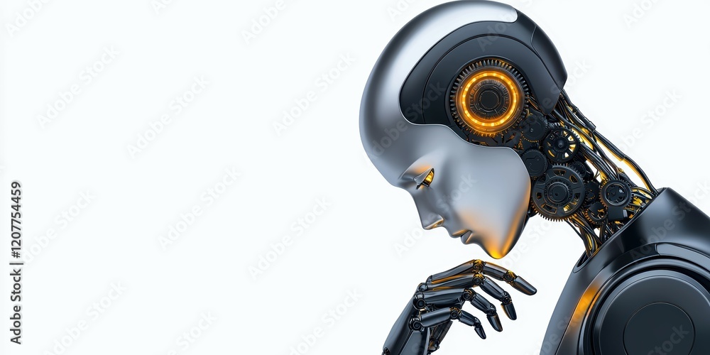 Poster stylized metallic robot in profile, deep in thought with intricate mechanical details.