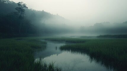 Fototapeta premium Misty rice field landscape with murky water and hills in a national park during early morning fog