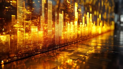 Urban skyline with digital sound wave visualization during dusk