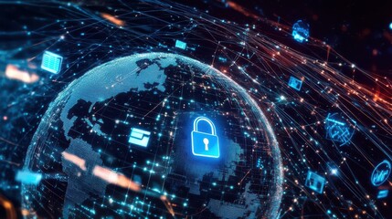 The image features an Earth globe alongside a cybersecurity lock hologram, with a variety of diverse icons representing different digital elements.