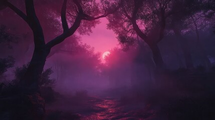 Obraz premium Twilight forest scene shrouded in mysterious fog with vibrant pink and purple hues illuminating trees and a tranquil path through nature.
