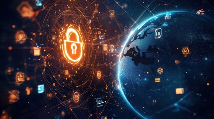 The image features an Earth globe alongside a cybersecurity lock hologram, with a variety of diverse icons representing different digital elements.