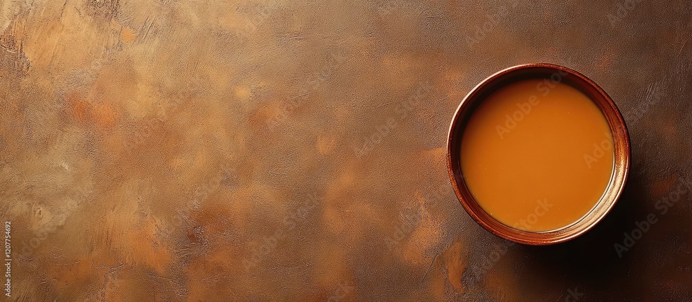 Poster warm light brown mushroom soup in rustic wooden bowl on textured copper surface with generous empty 