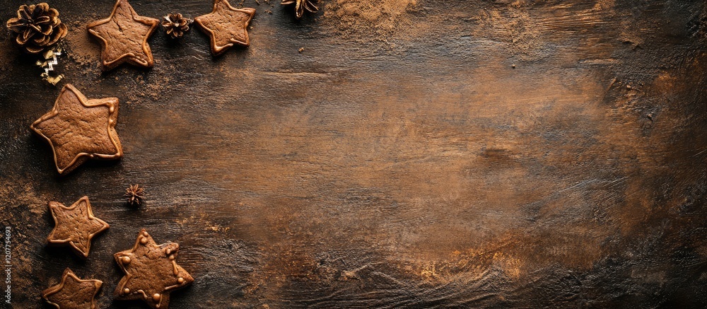 Poster festive gingerbread cookies on rustic brown wooden table with empty space for text in warm holiday a