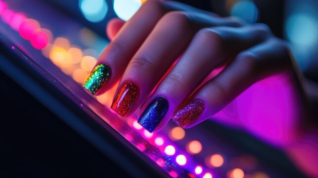 Colorful LED illuminated nail salon with a close-up of manicured hand showcasing vibrant glitter nails, featuring multicolored hues in bokeh background.