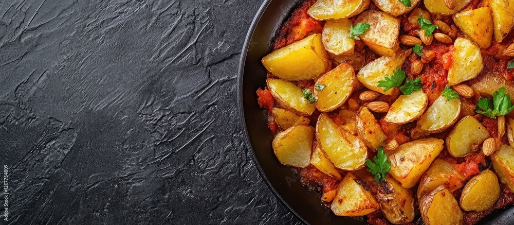 Poster crispy fried potatoes and roasted almonds in black frying pan on dark textured surface with empty sp