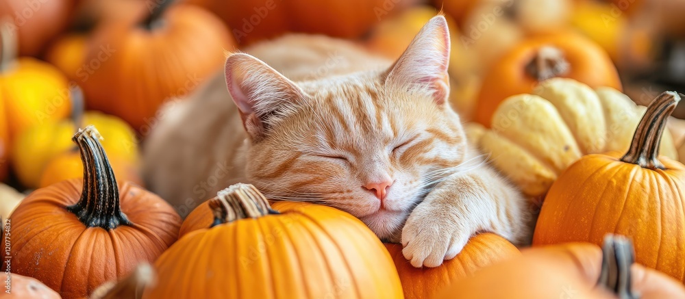 Poster Ginger cat peacefully resting with closed eyes on vibrant orange and yellow pumpkins in a cozy autumn setting with soft focus background and empty text space.