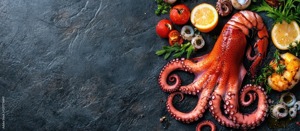 Poster fried seafood salad featuring vibrant shrimp and octopus on textured dark stone background with fres