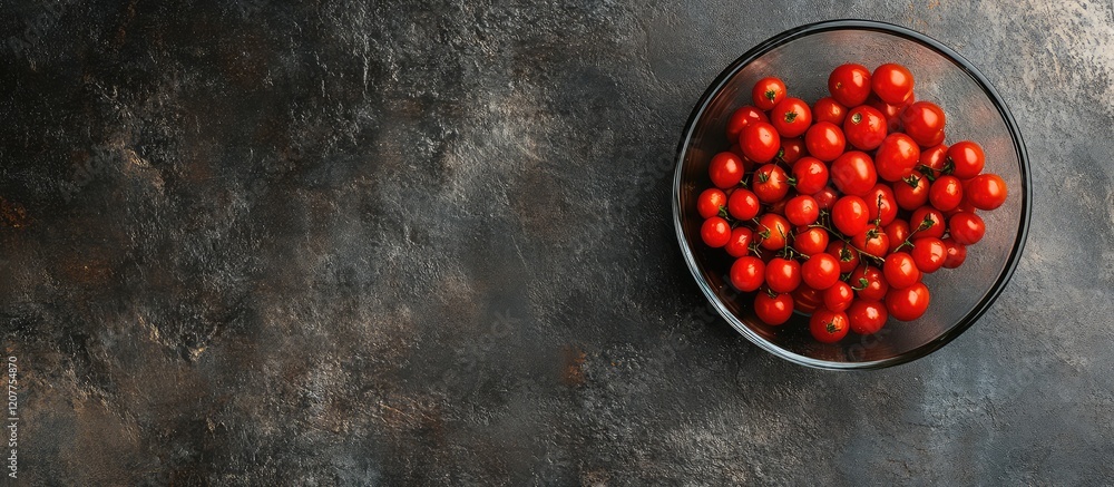 Poster glass bowl overflowing with bright red cherry tomatoes on textured dark asphalt background with ampl