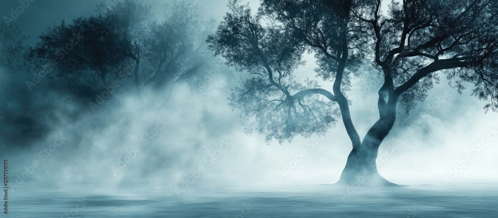 Poster misty trees in fog creating a calm atmosphere with negative space for text overlay in a serene envir