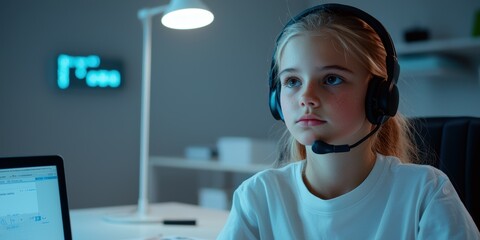 Young girl focused on her online class, wearing a headset in a modern study environment.
