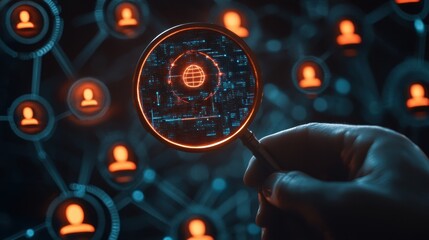 Hand Holding Magnifying Glass Over Digital Network with Users Icons