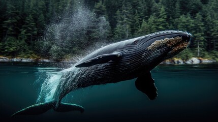 Obraz premium Majestic humpback whale swimming gracefully underwater amidst a serene forested backdrop