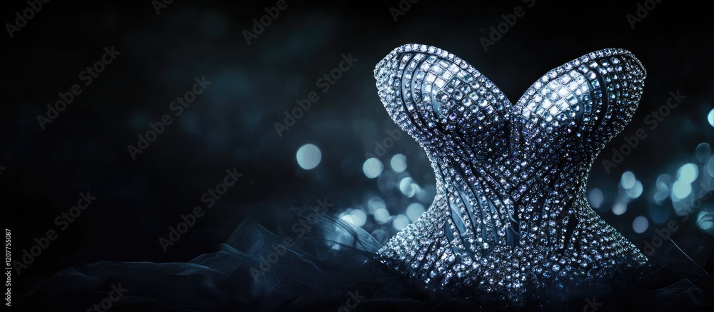 Poster glistening rhinestone corset on a dark textured backdrop with bokeh lighting creating an elegant atm