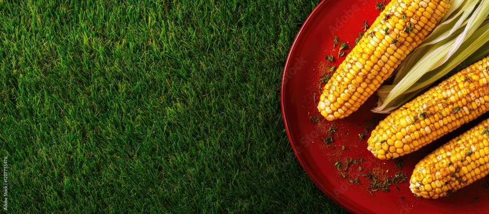 Poster spicy mashed potato filled corn cobs on red plate with grassy background empty space for text perfec
