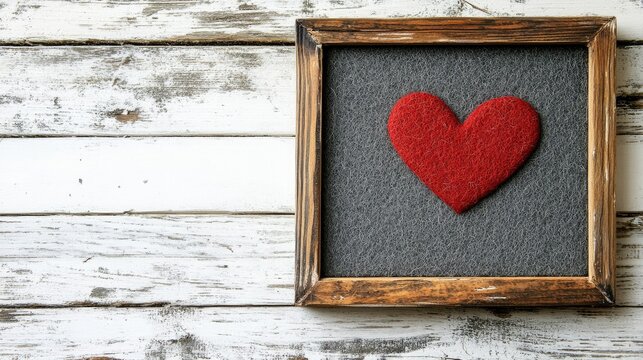 Heart shape on gray felt board framed in wood conveying farewell sentiment on rustic white wooden background top view.