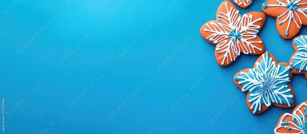 Poster gingerbread christmas cookies with white icing on vibrant blue background providing ample empty spac