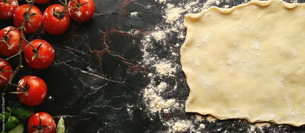 Poster mushroom ravioli with fresh red tomatoes on dark marble countertop with empty space for text featuri