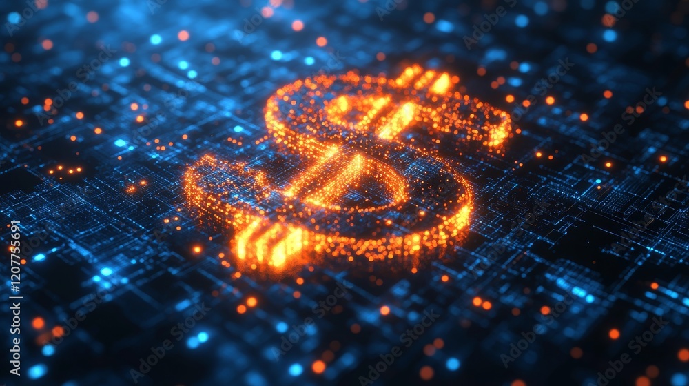 Poster dynamic glowing symbol on a digital background representing technology and innovation