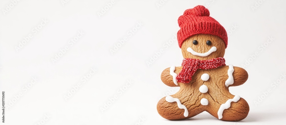 Poster gingerbread man cookie with cheerful expression wearing red knitted hat and scarf on bright white ba