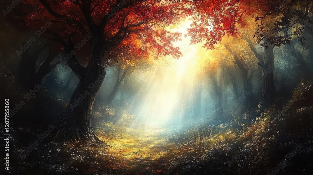 Poster enigmatic autumn forest illuminated by sunlight and misty atmosphere with golden and red foliage in 