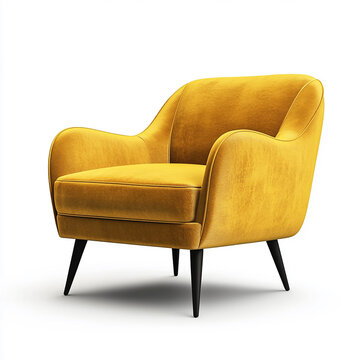 Golden yellow velvet armchair isolated on a white background