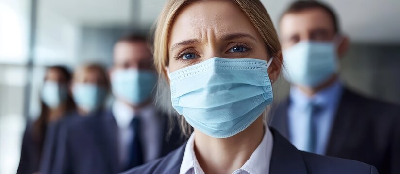 Business team wearing blue protective face masks collaborating in office setting during pandemic with blurred background and empty copy space for text