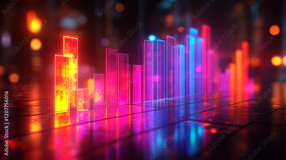 Poster digital financial data display with vibrant colors in a modern city setting during twilight