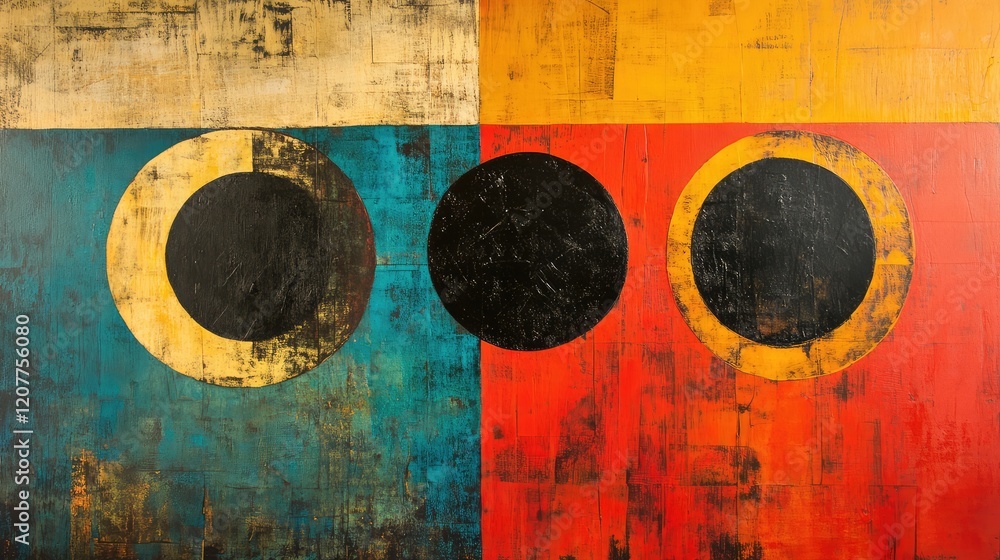 Poster minimalist abstract art composition of three black circles on bold red yellow and teal background wi