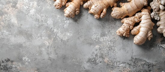 Organic Ginger Root Spice Arrangement on Grey Concrete Background with Natural Textures and Empty Copy Space for Culinary and Medicinal Use