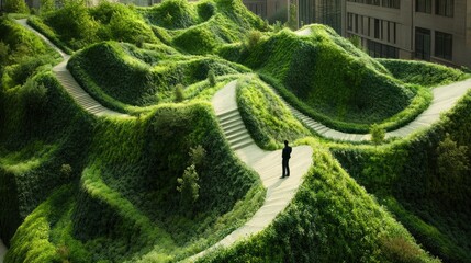 Man Exploring Urban Landscape with Green Hills and Pathways
