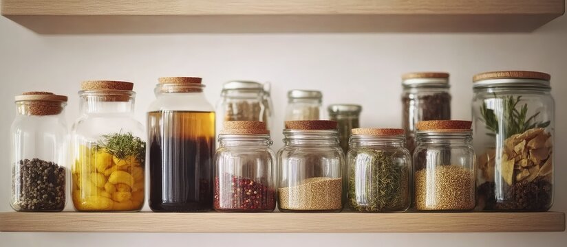 Assorted glass jars filled with organic ingredients and multifunctional kitchen utensils on a light wooden shelf in a modern kitchen setting for healthy cooking concepts