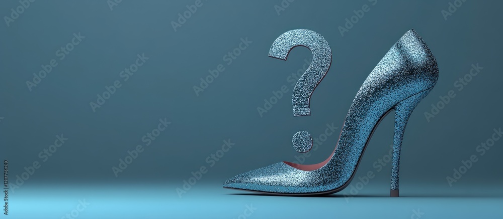 Poster stylish silver high heel shoe with a reflective question mark on a serene teal background with ample