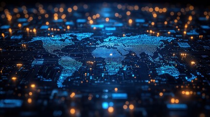 Digital world map on circuit board, blue tone, intricate connections, global network concept, detailed visualization