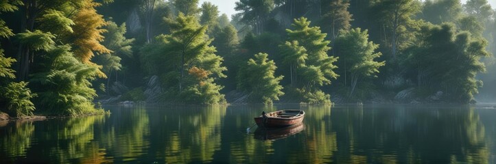 Obraz premium Boat drifting on quiet lake with surrounding lush foliage and trees, lake, clear water, scenery