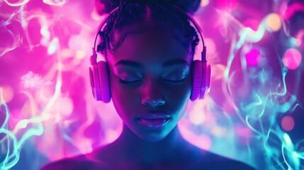 Fototapeta premium Young Woman in Headphones with Colorful Neon Lights Background