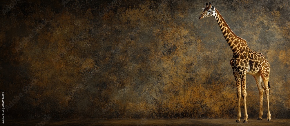 Poster elegant giraffe standing against textured dark brown studio backdrop with ample copy space for creat
