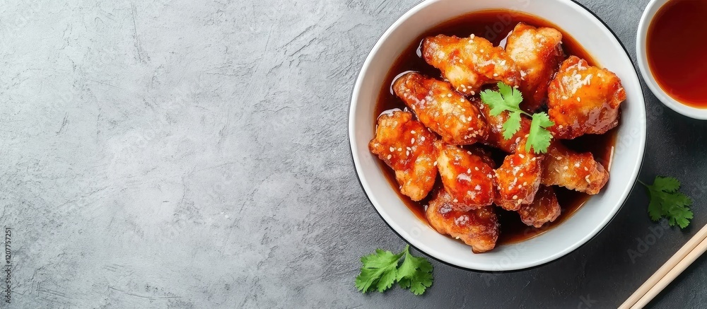 Aufkleber crispy fried chicken wings in sweet chili and soy sauce garnished with fresh cilantro on a light gra