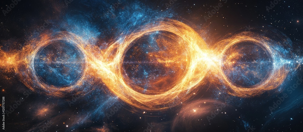 Poster vibrant cosmic multiverse with endless dimensions and luminous swirling galaxies in deep blue and fi