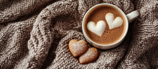 Warm gingerbread hearts and frothy cappuccino in white cup on textured brown knitted scarf, cozy autumn winter vibe with ample empty space for text.