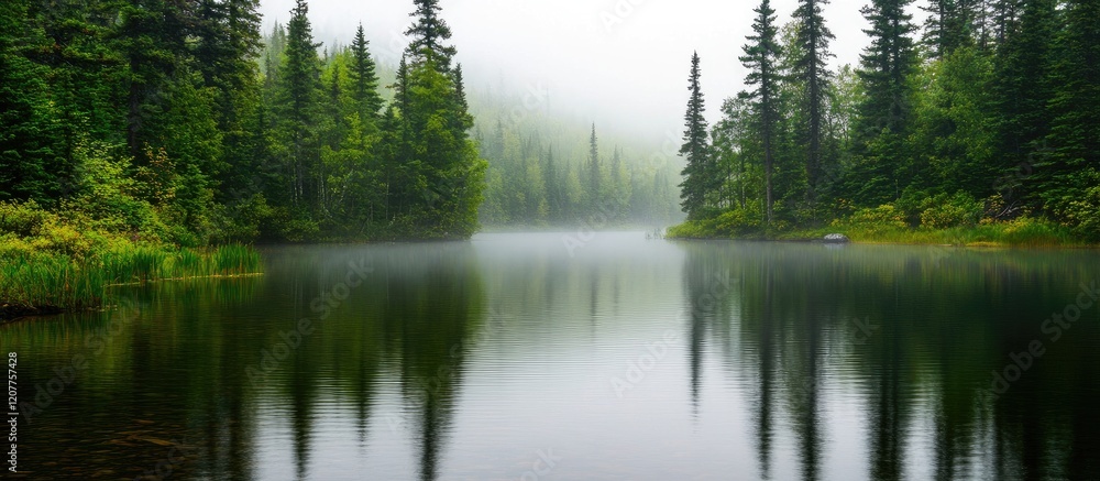 Poster serene misty lake with lush green trees reflecting on calm water creating a tranquil natural scene p