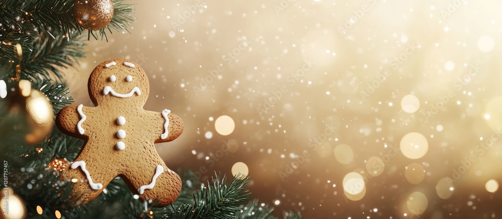 Poster gingerbread man ornament hanging on christmas tree with bokeh background featuring warm gold tones a