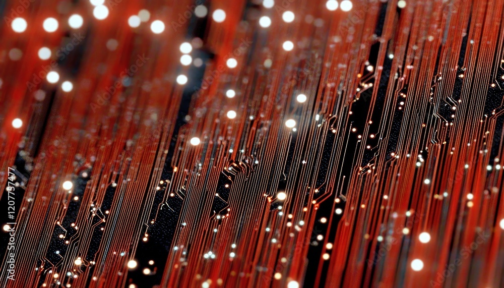 Poster vibrant red circuit board with glowing lights and intricate patterns